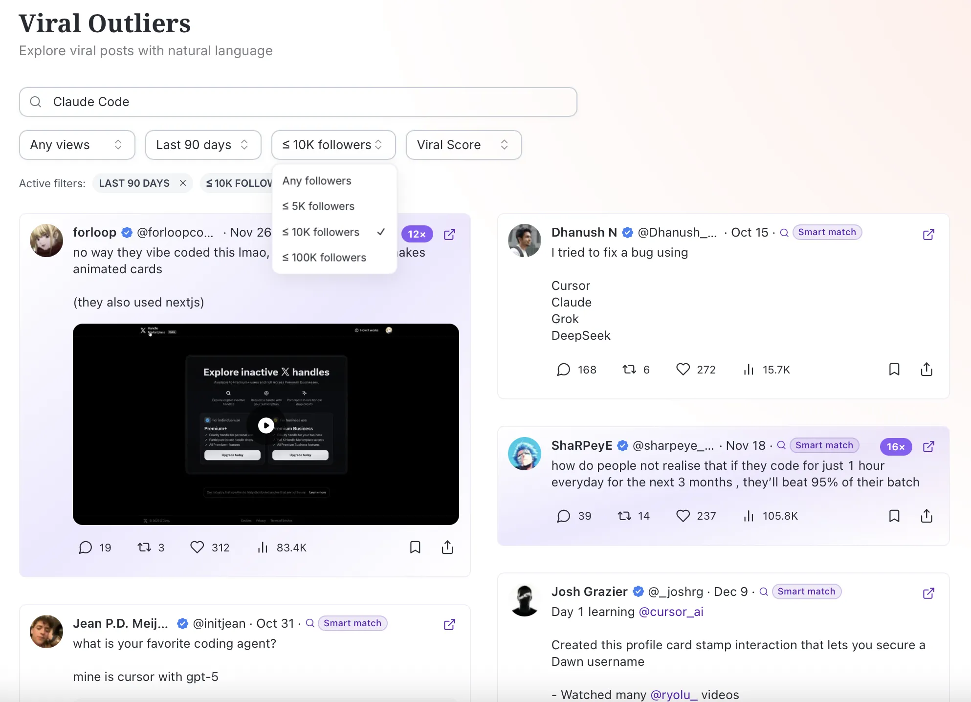 Viral Outliers follower count filter